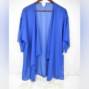 LuLaRoe NWT "Monroe" Sheer Kimono Style Sheer Coverup, Blue w/ Fringe Size S